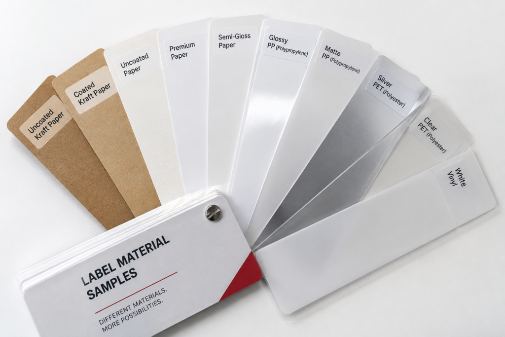 Label sticker material swatches fanned out to compare paper and waterproof stocks