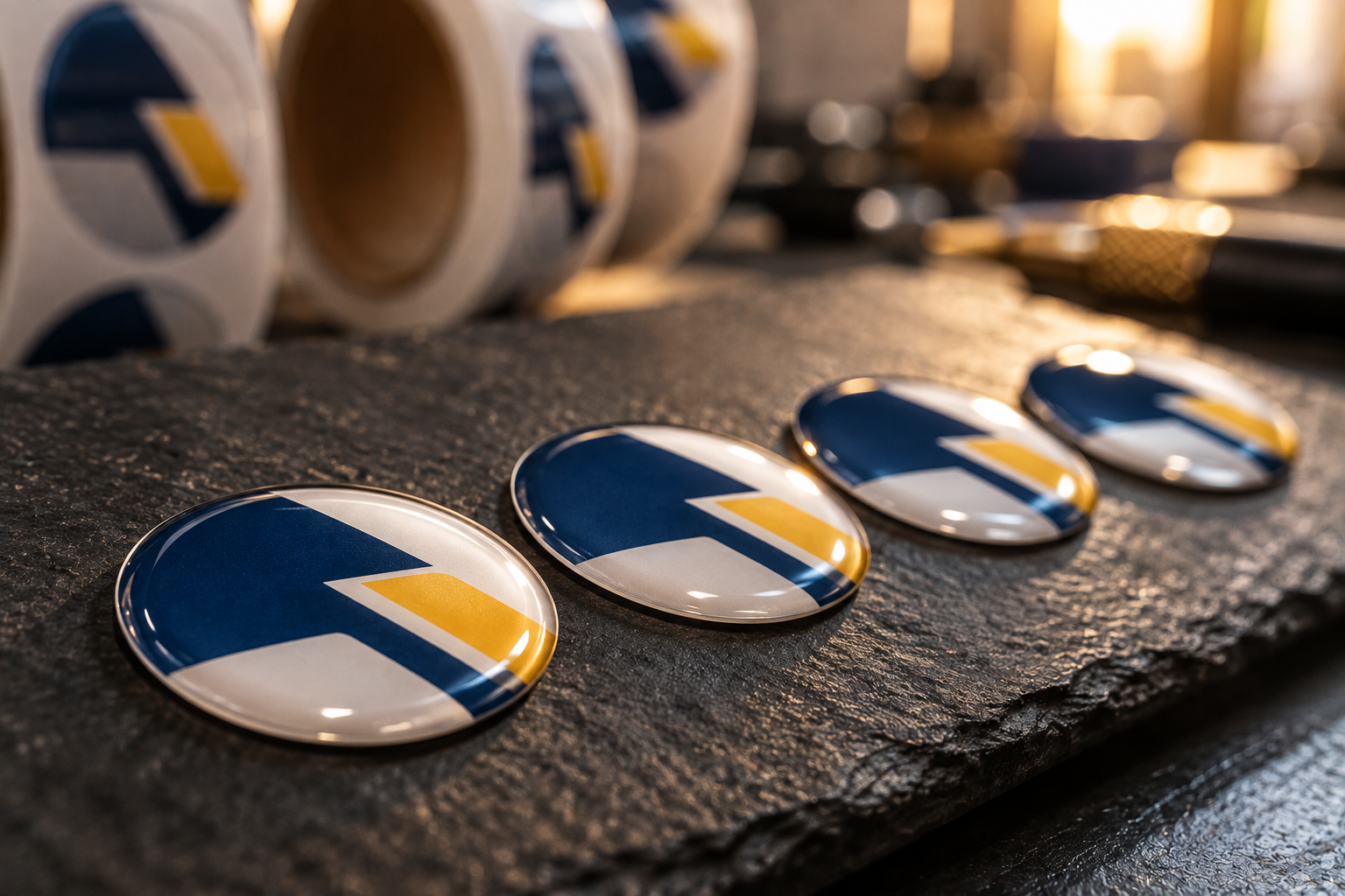 Row of epoxy dome sticker labels showing the raised clear resin domes
