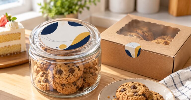 Waterproof product label sticker on a cookie jar and a kraft bakery box