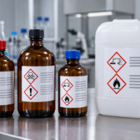 Amber chemical bottles with GHS hazard pictogram sticker label on a stainless lab bench