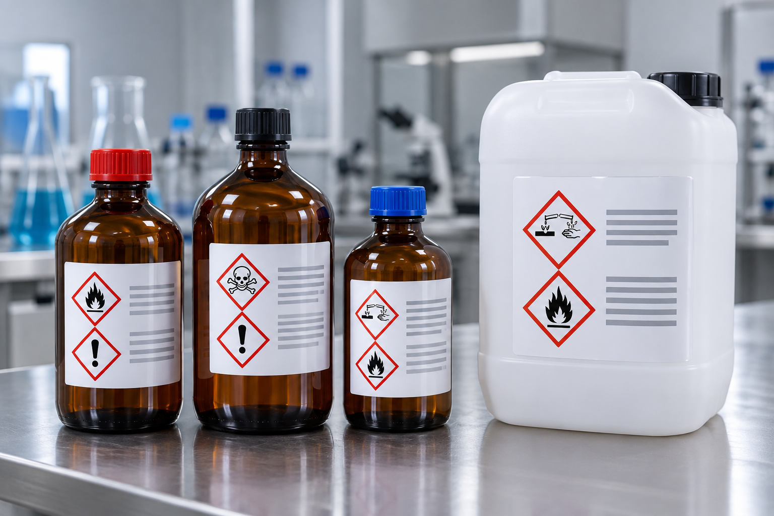 Amber chemical bottles with GHS hazard pictogram sticker label on a stainless lab bench