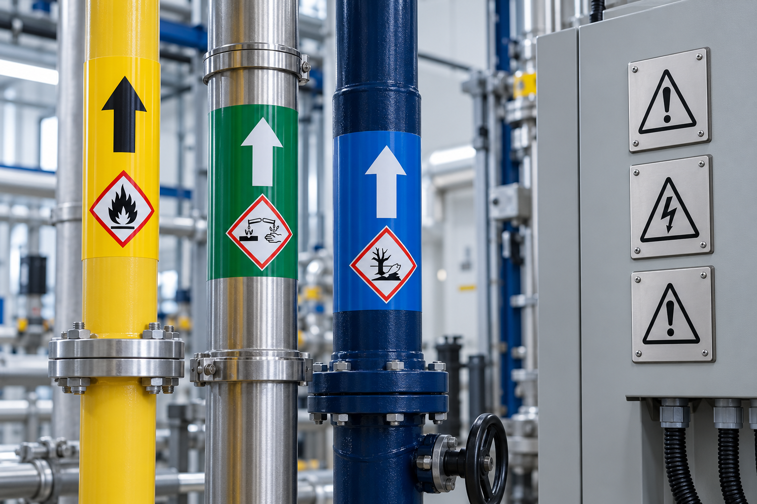 Industrial pipes with colour-coded warning sticker label bands and control panel plates
