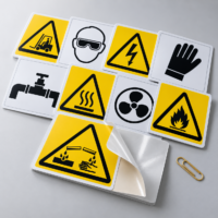 Fan of durable industrial warning sticker label sheets with hazard pictograms on grey