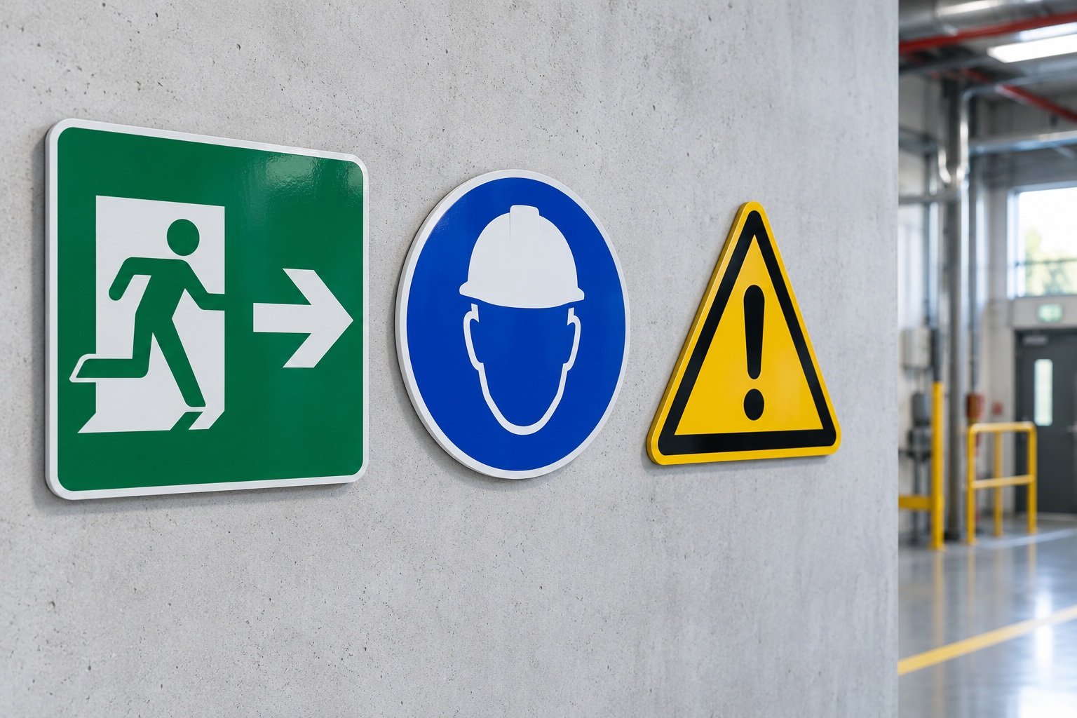 Three workplace safety signs and pictogram sticker label panels on a factory wall