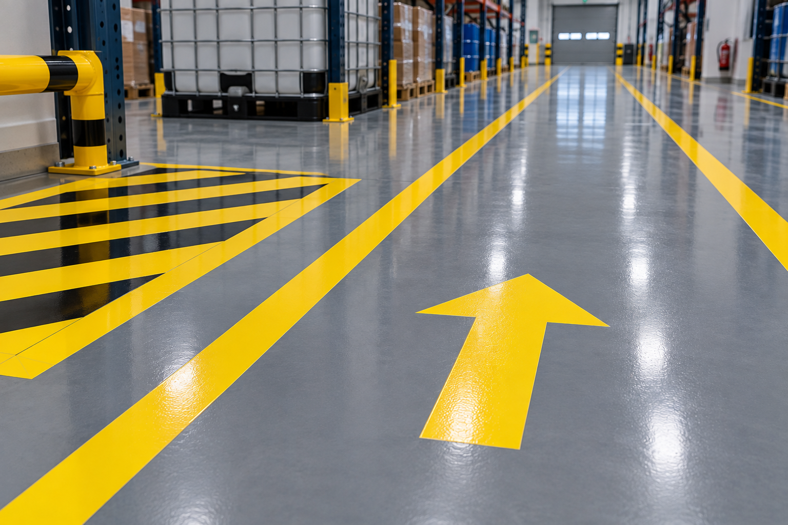 Warehouse floor marking tape lines and yellow arrow sticker label on epoxy floor
