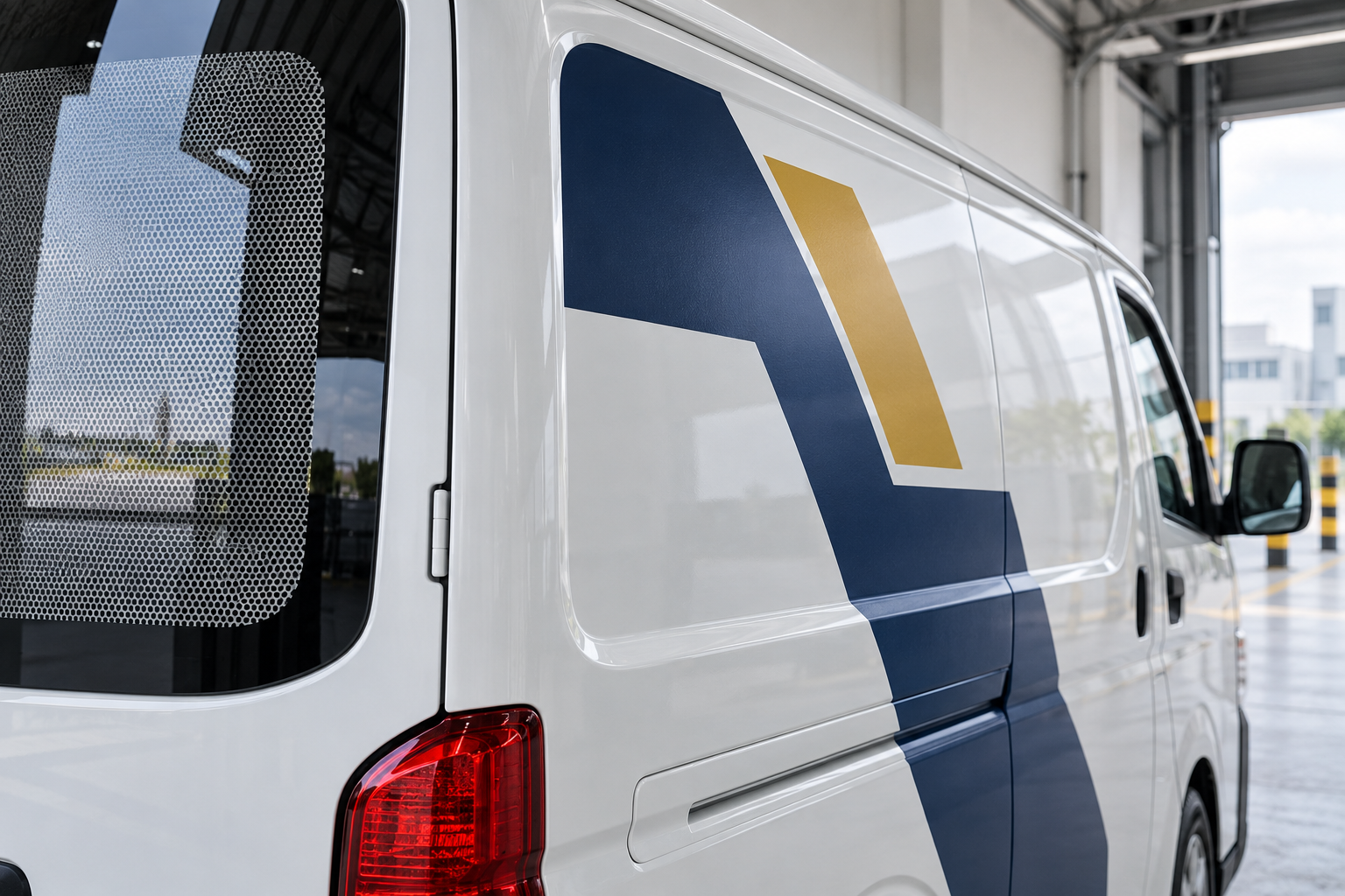White delivery van with die-cut vinyl decal and window sticker label applied