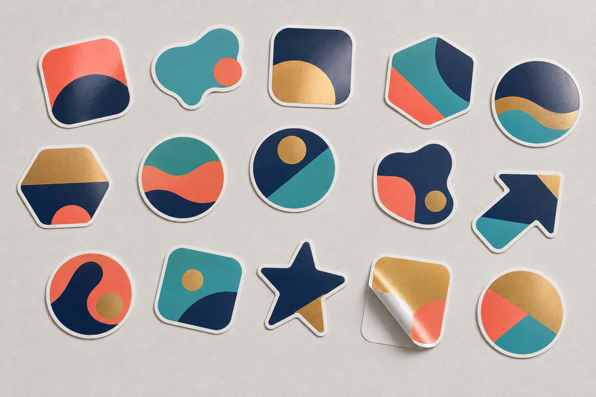 Scatter of custom die-cut vinyl sticker label shapes in navy, gold and teal