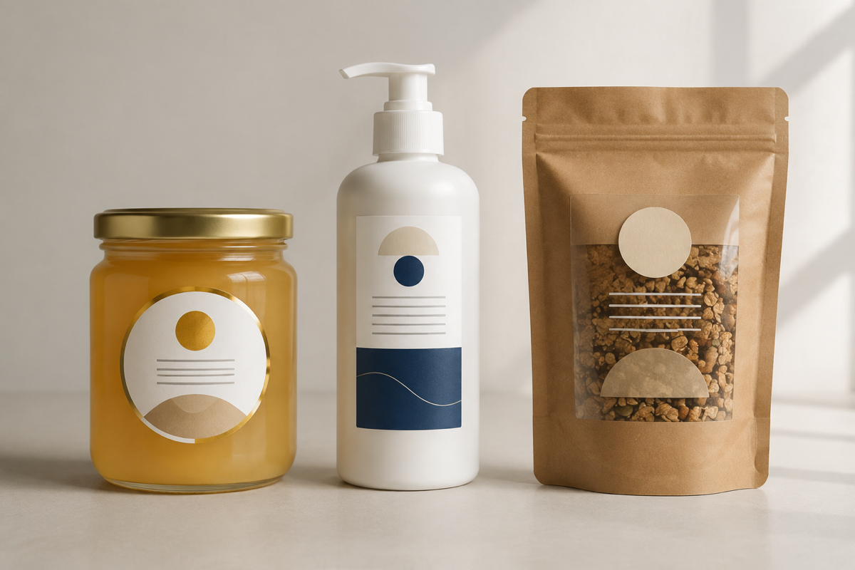 Honey jar, cosmetic bottle and kraft pouch with custom product sticker label
