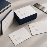 Business card stack and navy painted edge cards from a label sticker printer