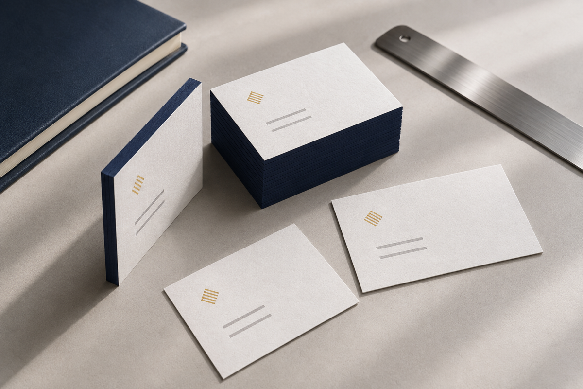Business card stack and navy painted edge cards from a label sticker printer