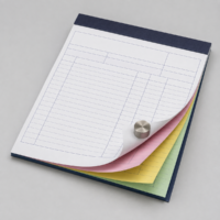 Carbonless NCR invoice book with fanned duplicate sheets from a label sticker printer