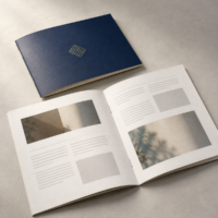 Two saddle-stitched A5 booklets, one open, from a label sticker and print shop