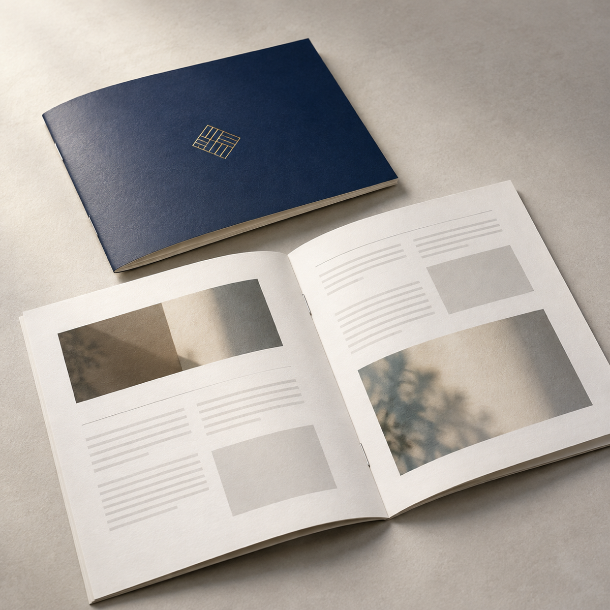 Two saddle-stitched A5 booklets, one open, from a label sticker and print shop