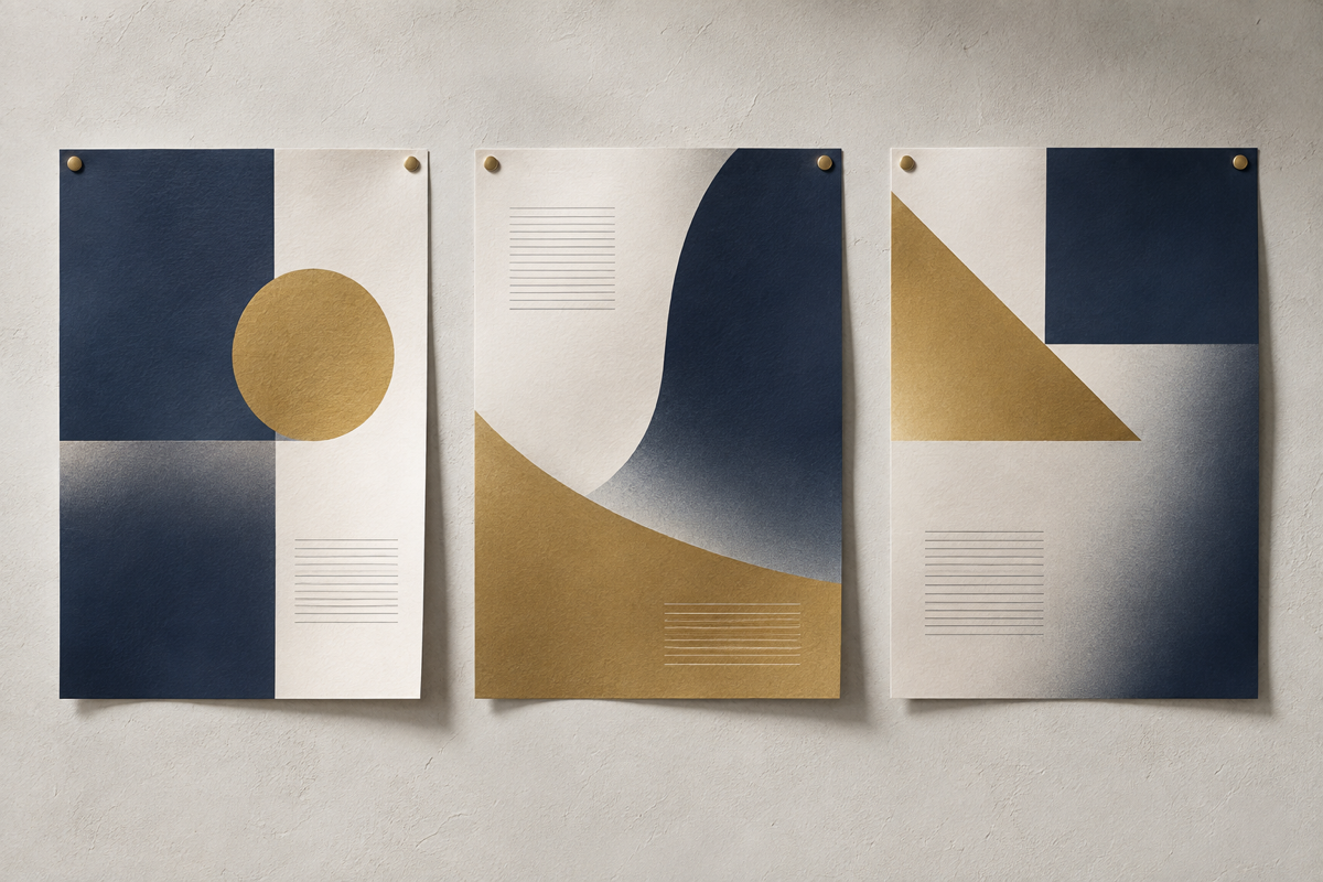 Three abstract A2 posters on a plaster wall from a label sticker and poster printer