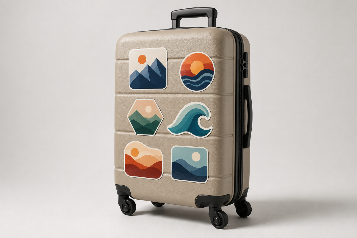 Custom luggage sticker labels applied to a hard-shell suitcase