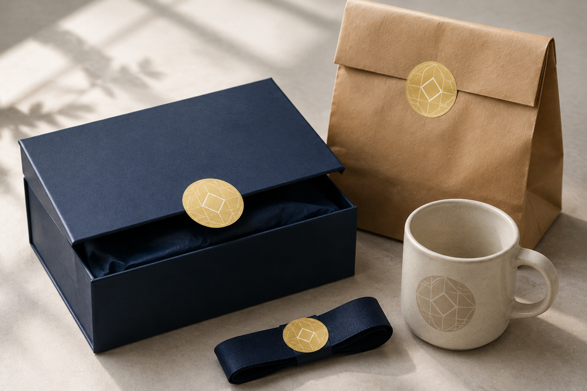 Corporate gift box sealed with a gold foil sticker label