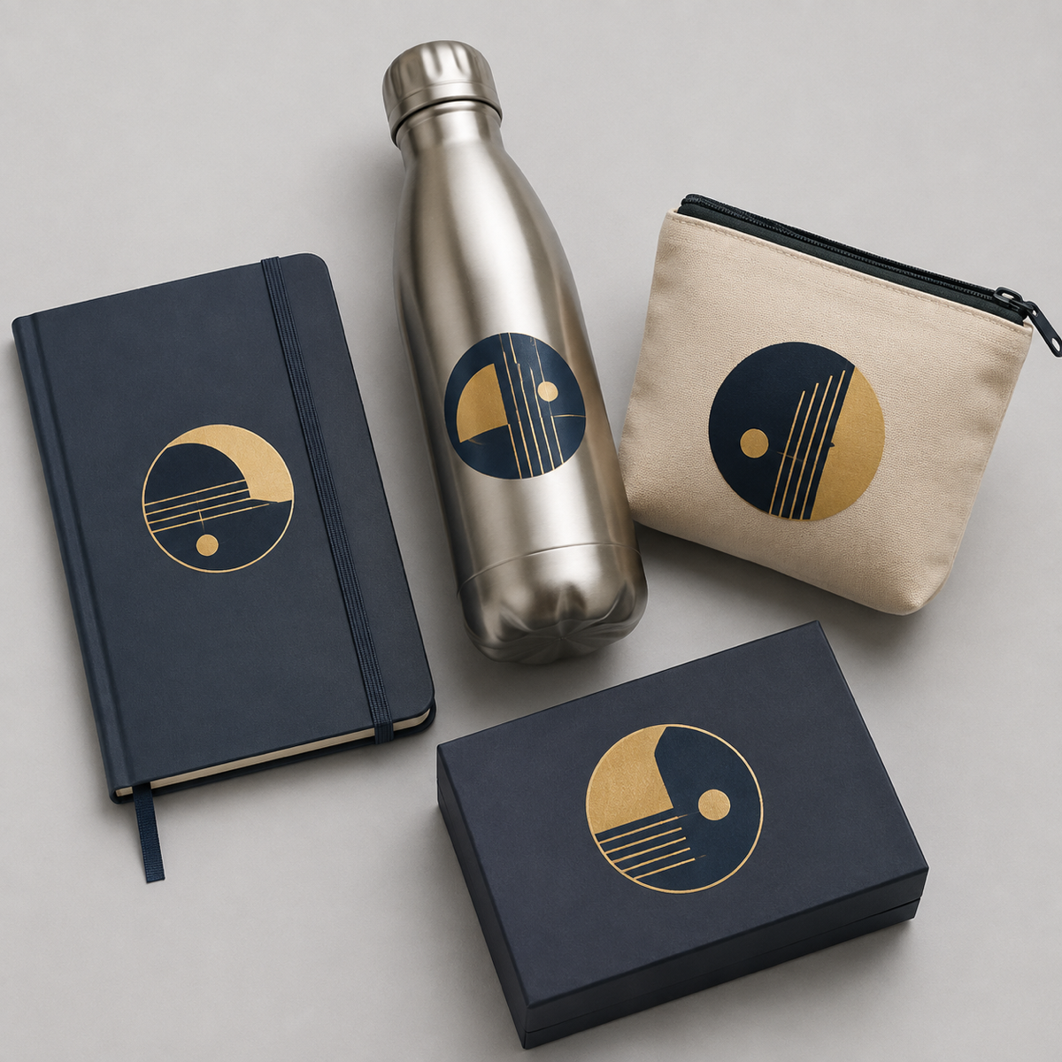 Corporate welcome kit items carrying navy and gold custom sticker label decals