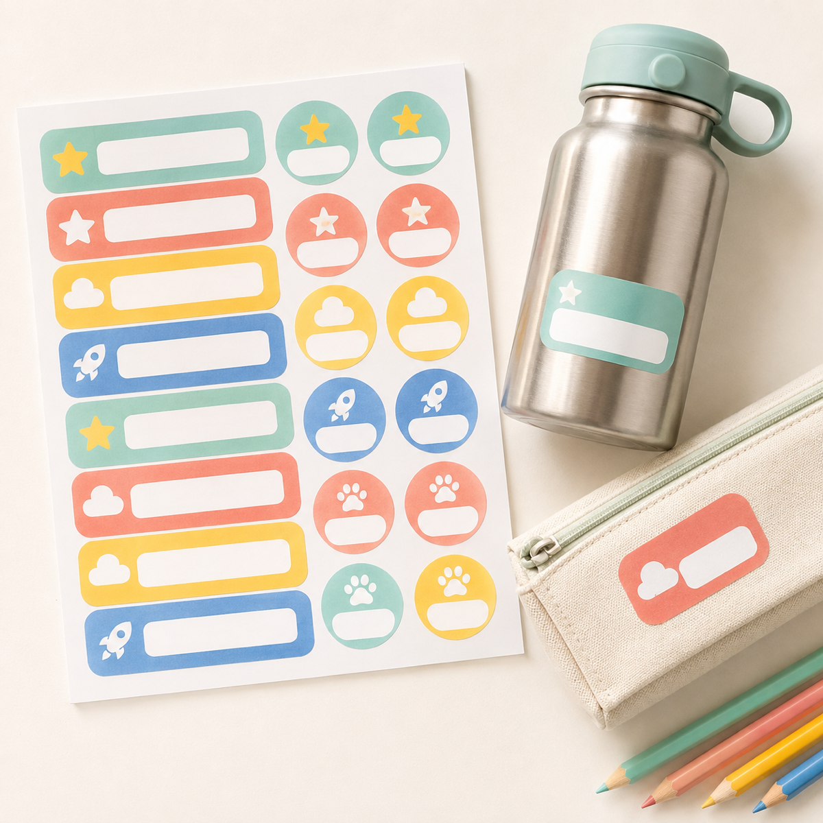 Kiss-cut sheet of waterproof kids name sticker label shapes in pastel colours