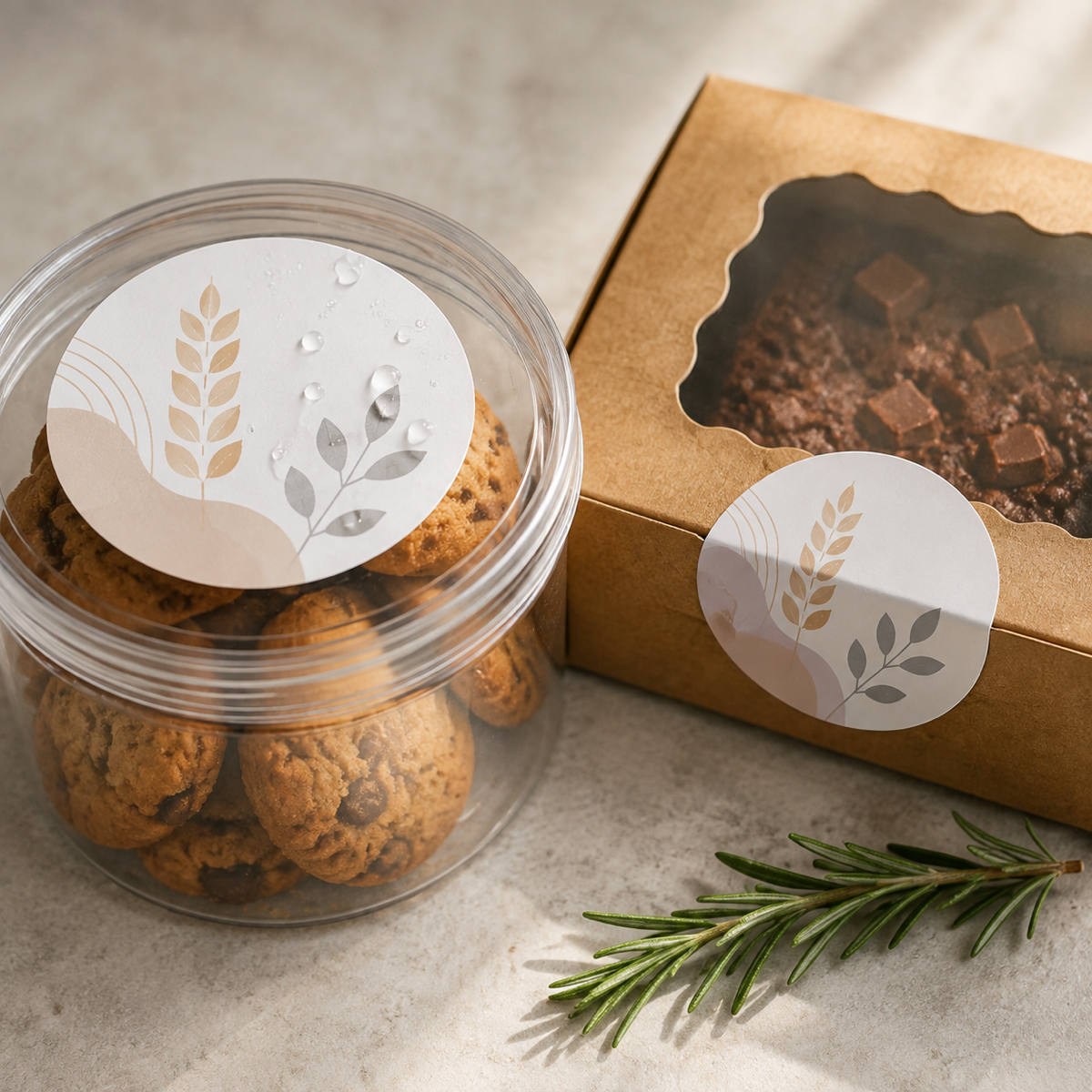 Cookie jar and bakery box sealed with a round waterproof sticker label
