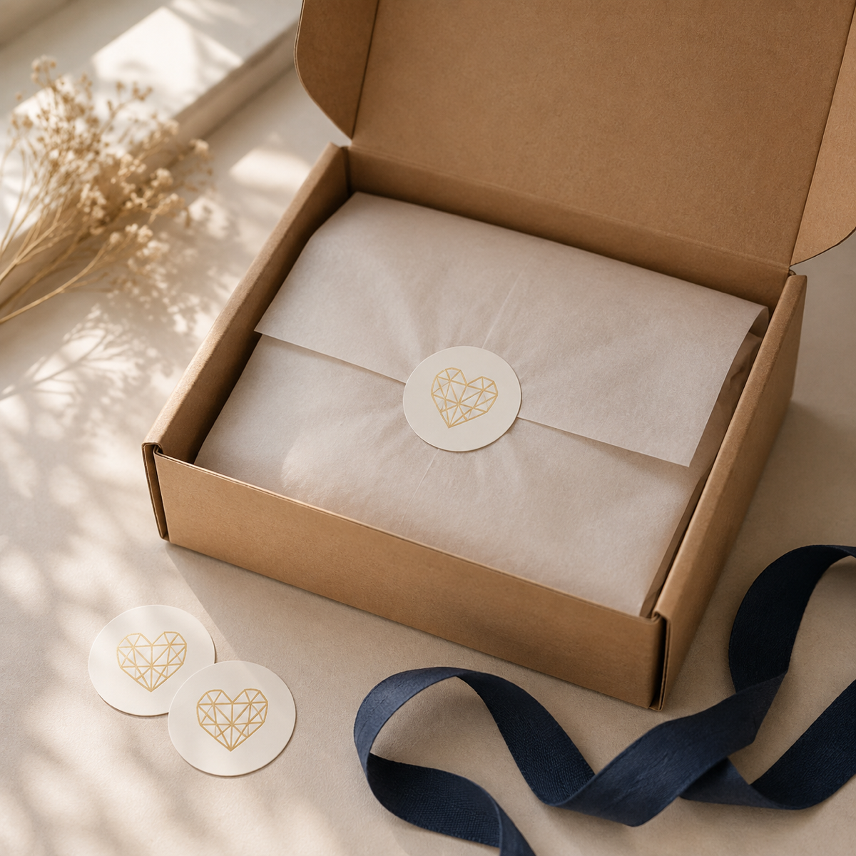Kraft mailer sealed with a round gold thank-you packaging sticker label