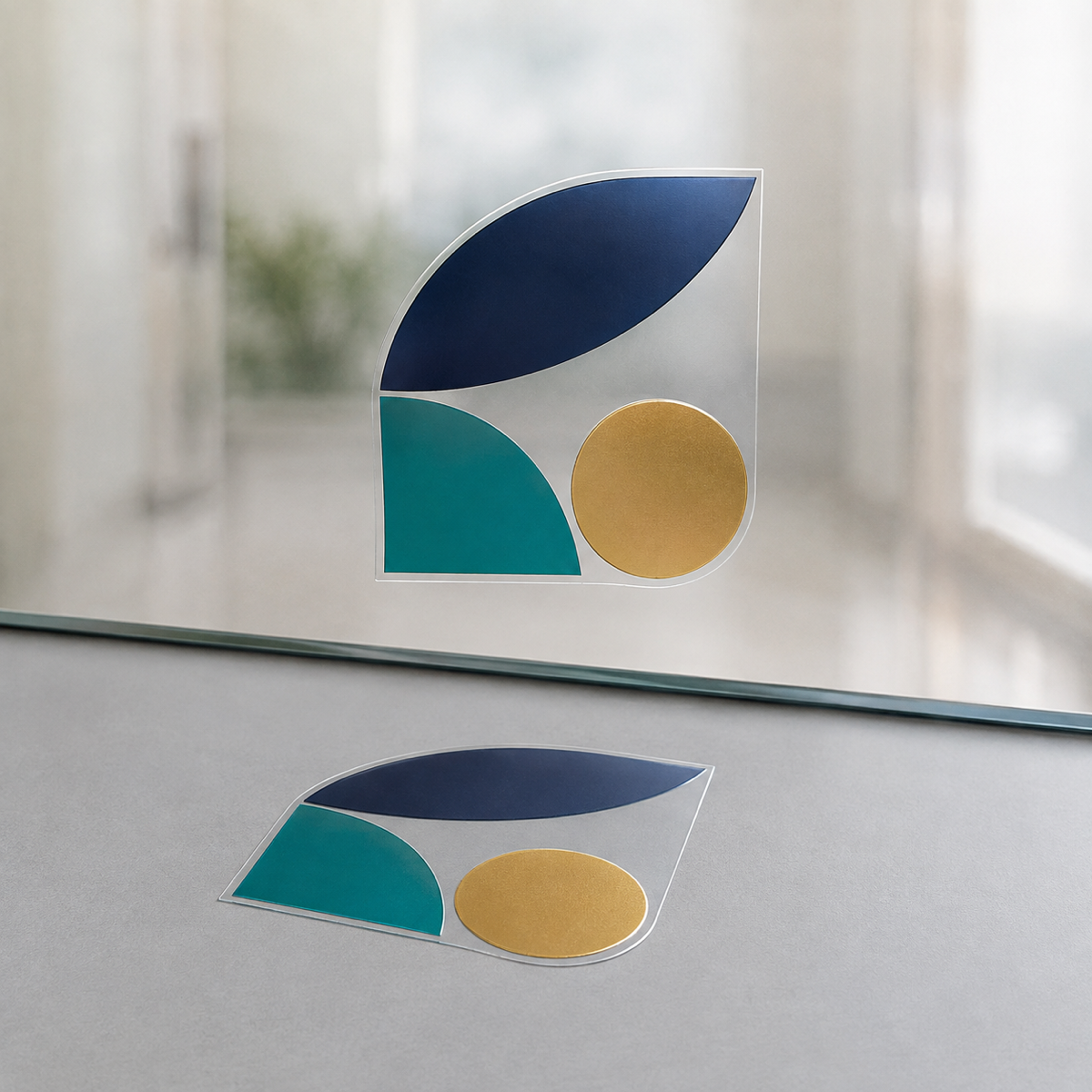 Clear transparent vinyl sticker label applied to a glass pane
