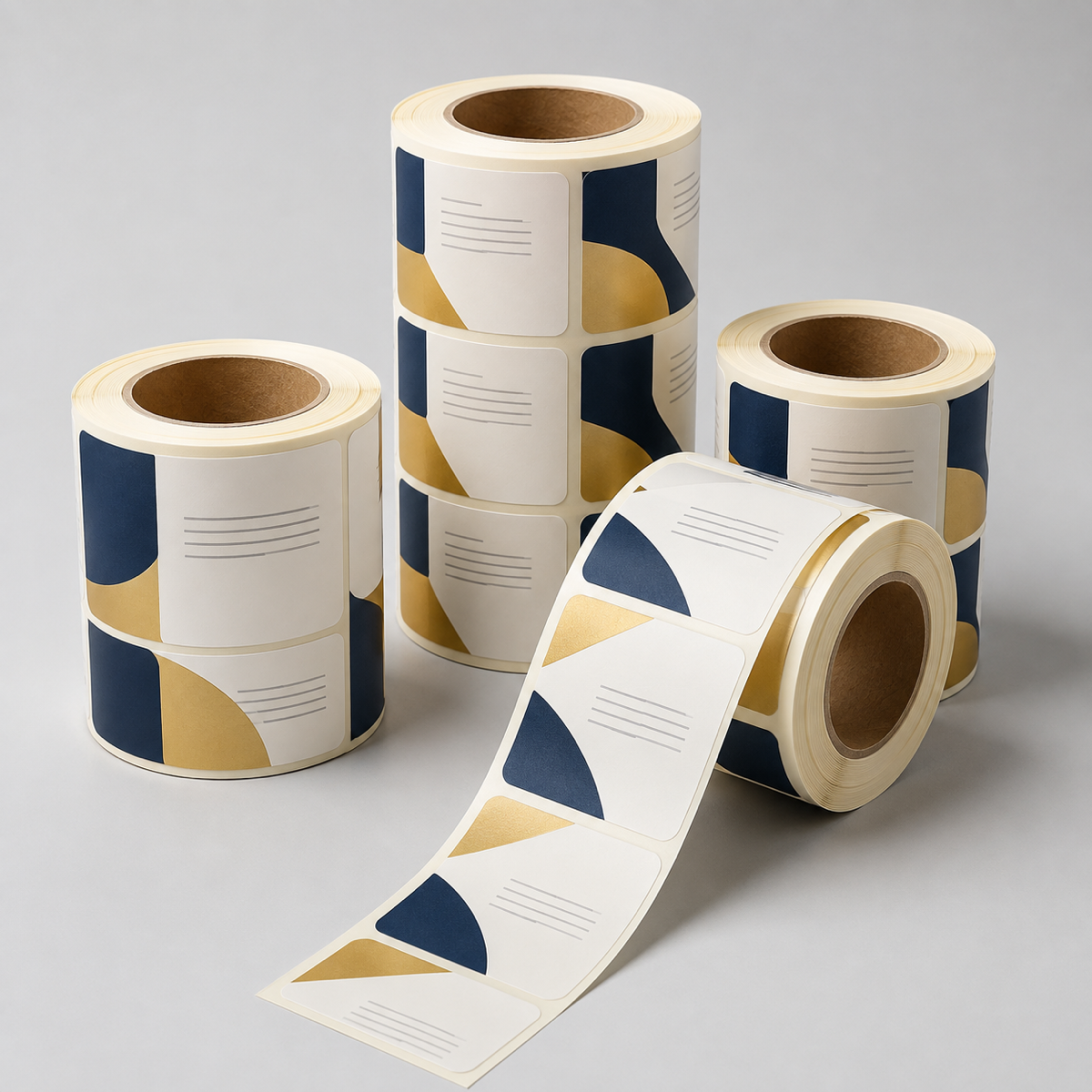 Three rolls of self-adhesive labels with one unwound ribbon of sticker labels