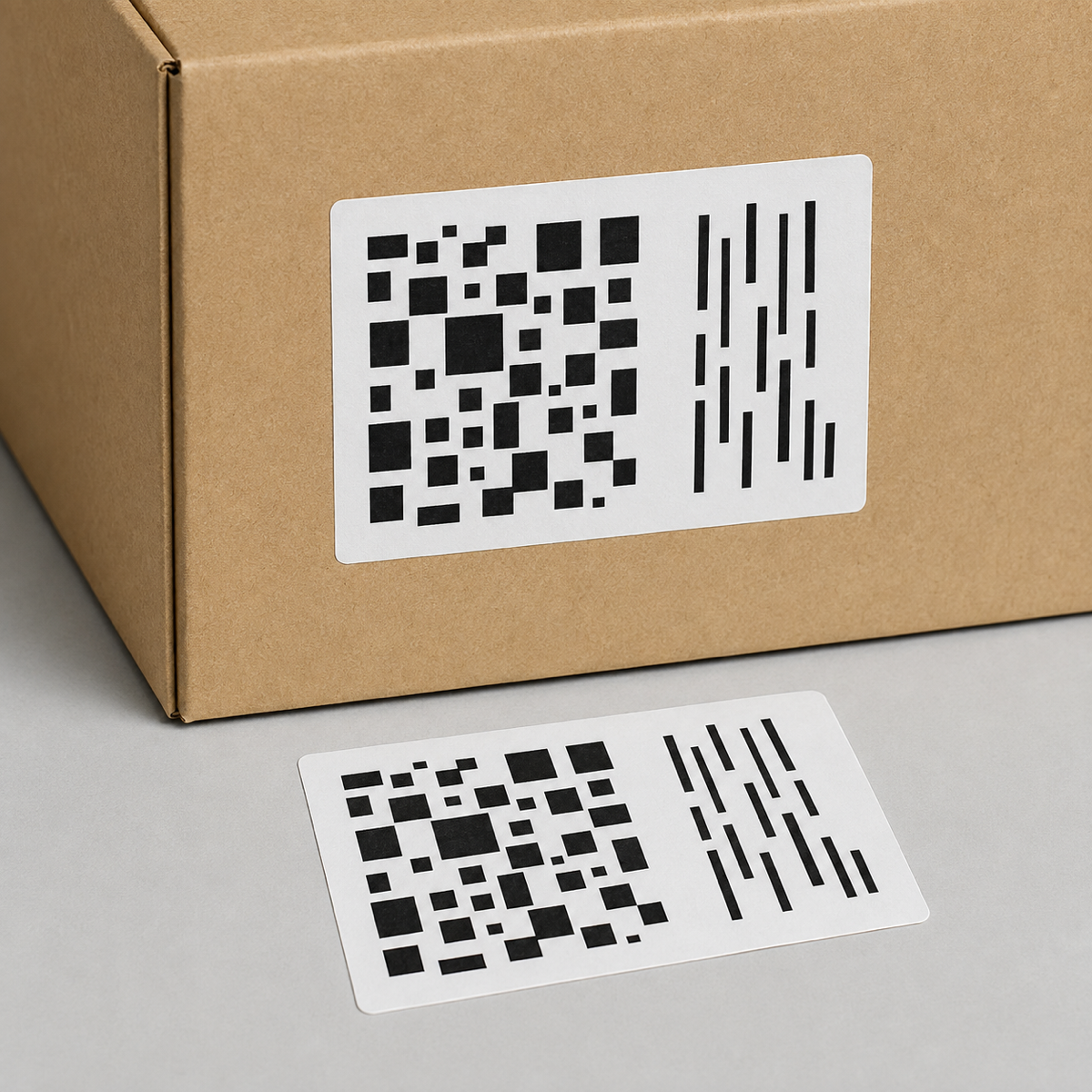 White thermal transfer barcode and QR sticker label on a plain kraft carton