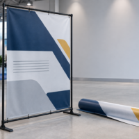 Large printed banner on a black tube frame in an exhibition hall with a second banner rolled beside it