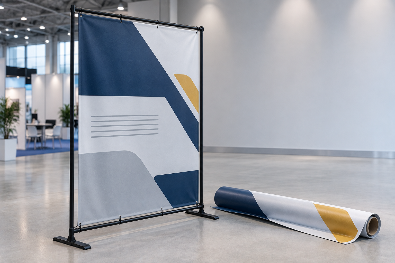 Large printed banner on a black tube frame with a second banner rolled beside it