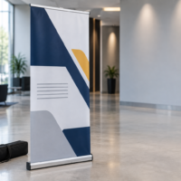 Pull-up roll-up banner stand standing in a bright lobby with its carry bag beside the base