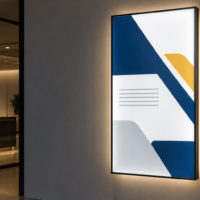 Illuminated light box on a pale wall glowing evenly through a backlit banner face