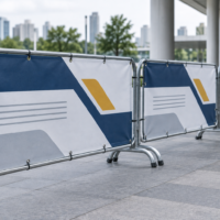 Row of crowd-control barriers wrapped with taut printed blockout banner panels