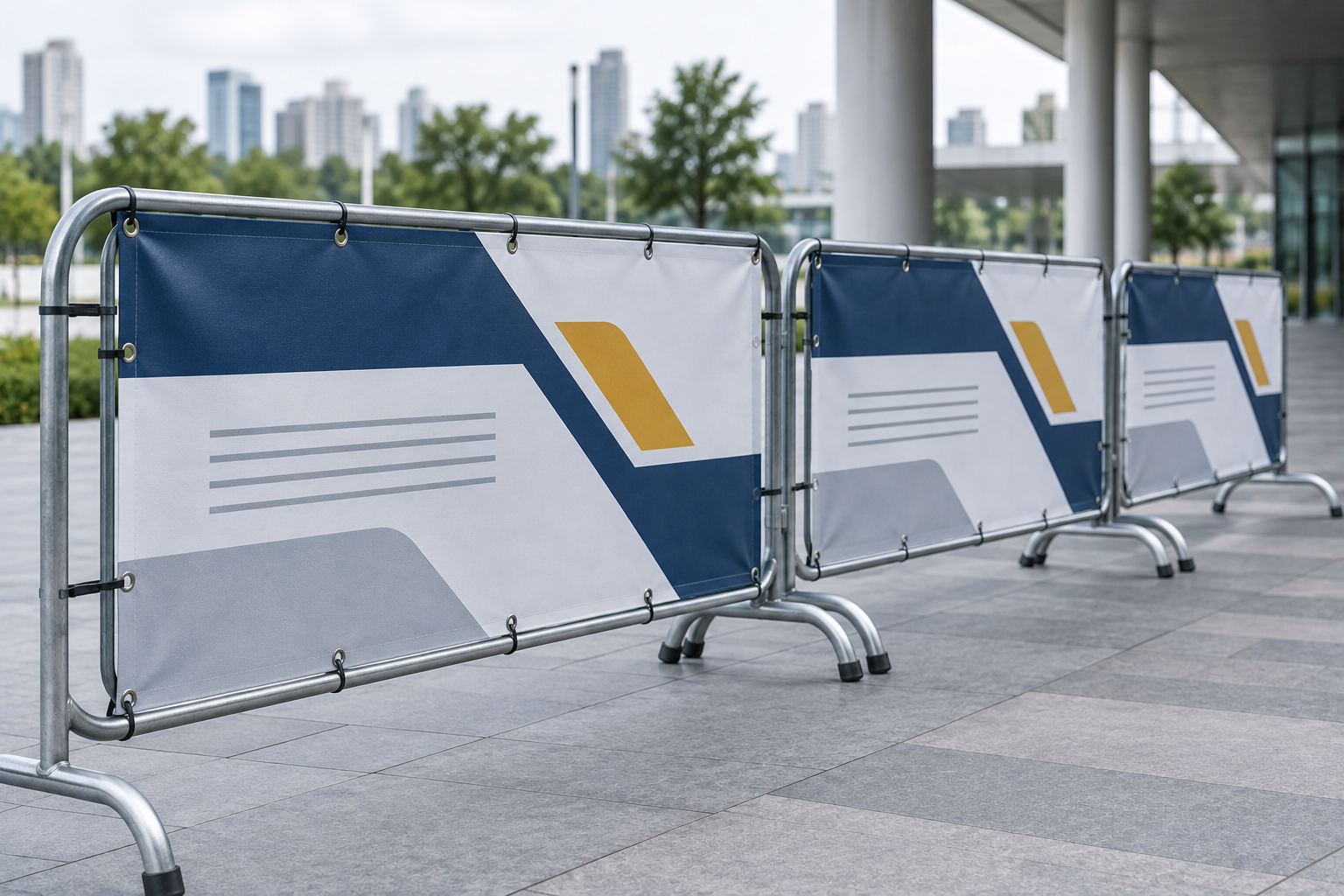 Row of crowd-control barriers wrapped with taut printed blockout banner panels