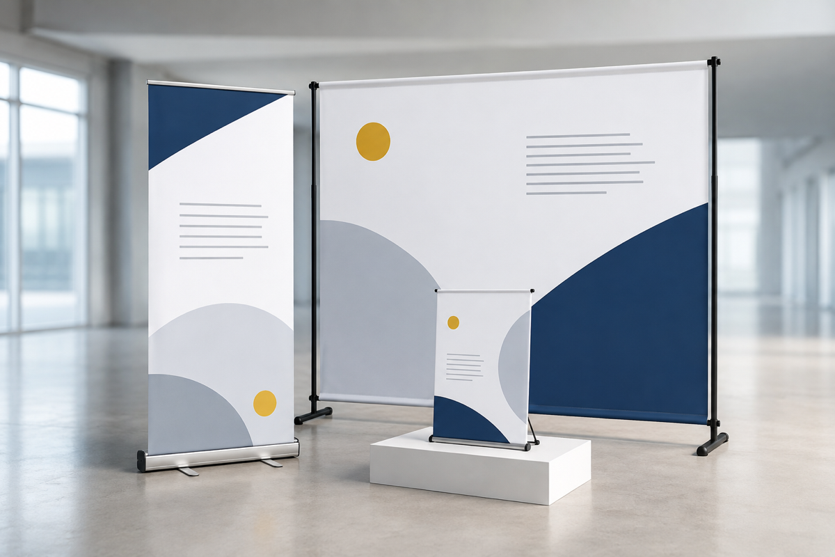 Roll-up banner, backdrop panel and table-top display standing together in an exhibition hall
