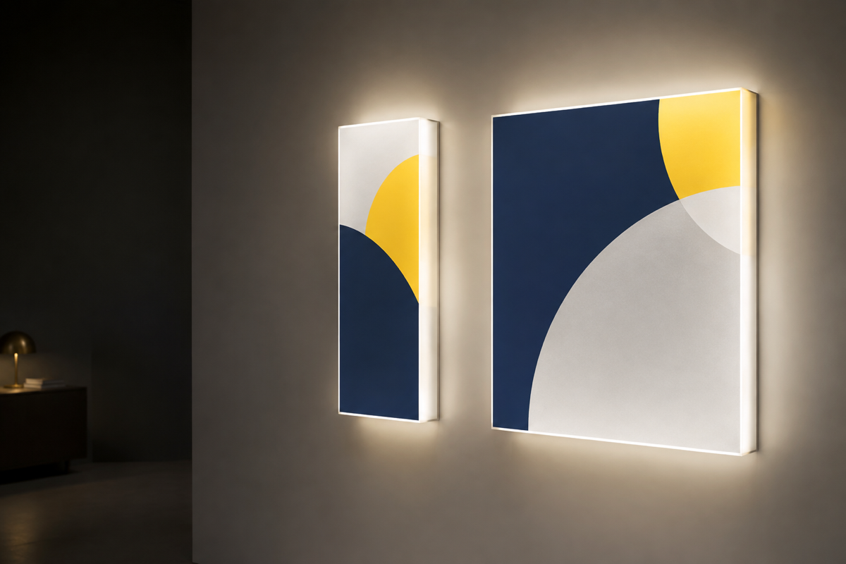 Two illuminated light boxes glowing on a dark wall