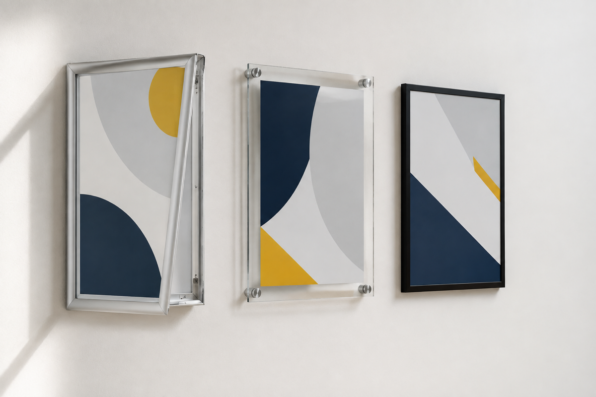 Snap frame, acrylic wall frame and colour frame mounted on a pale wall