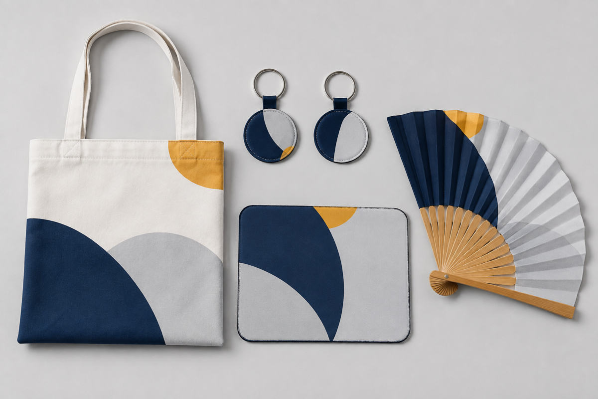 Flat lay of a printed tote bag, keychains, a mousepad and a hand fan