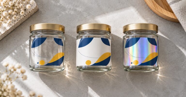 Three glass jars with the same design on a clear, a white and a holographic label sticker