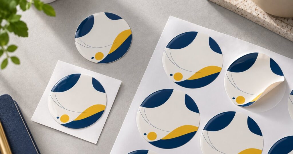 Die-cut sticker, kiss-cut sticker on square backing and a kiss-cut label sticker sheet with one partly peeled