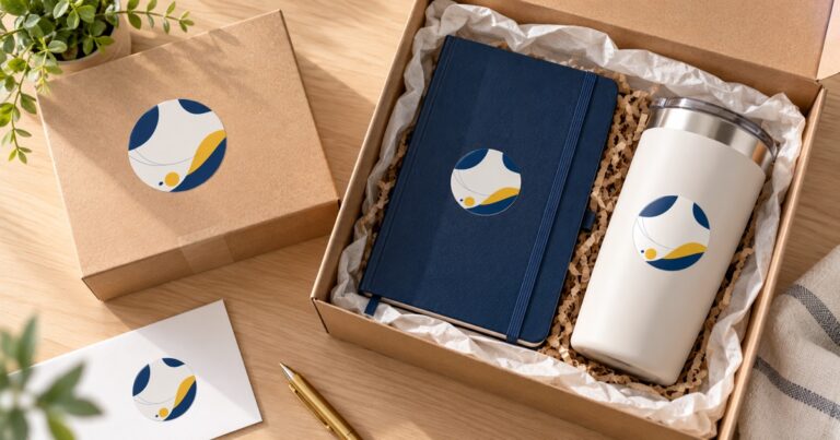 Corporate gift set with a kraft box, navy notebook and tumbler, each branded with the same round logo sticker label